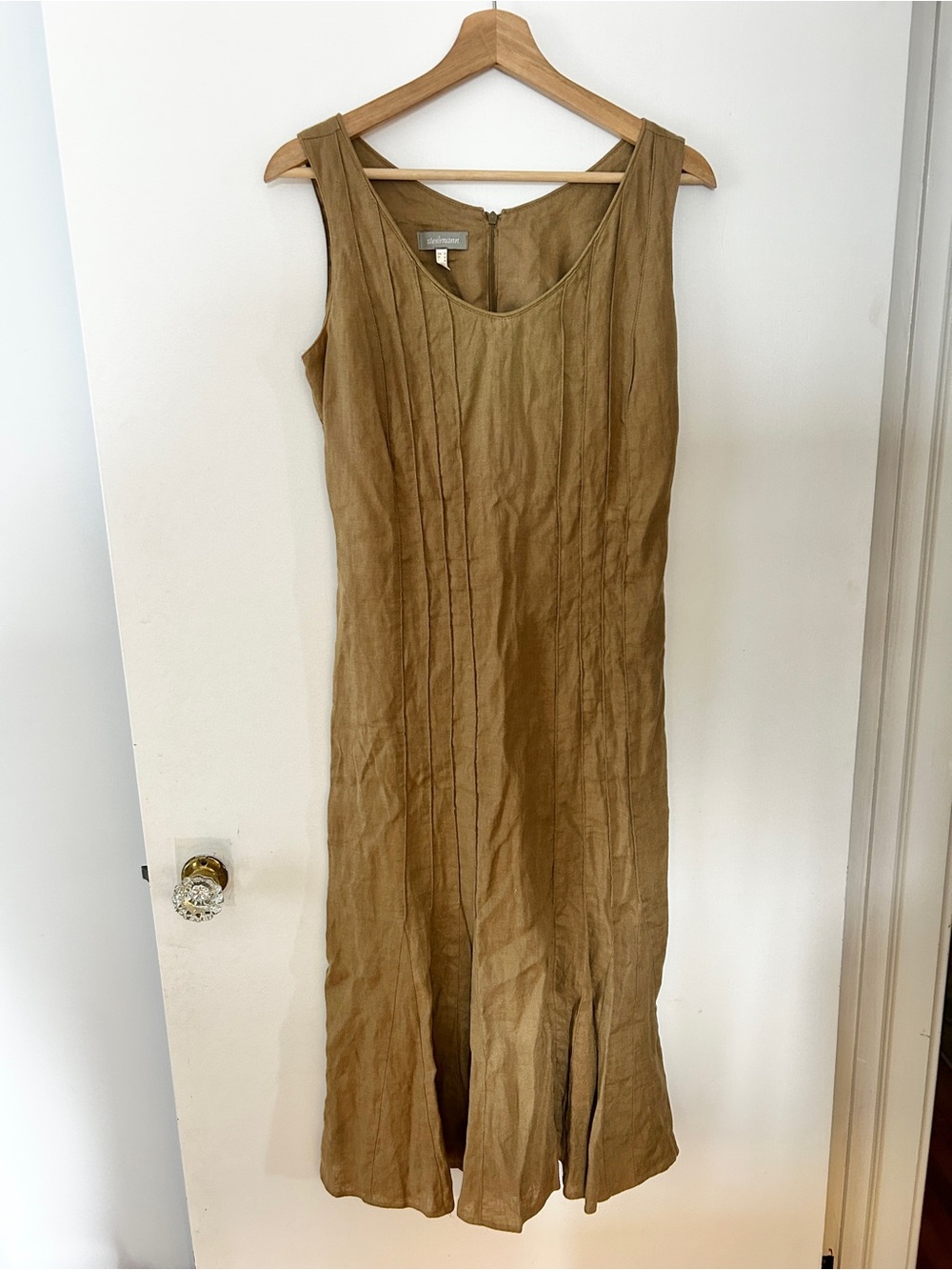 STEILMANN 100% Linen Sleeveless Midi Dress Tan Brown Sz 4 Pleated Desert Neutral